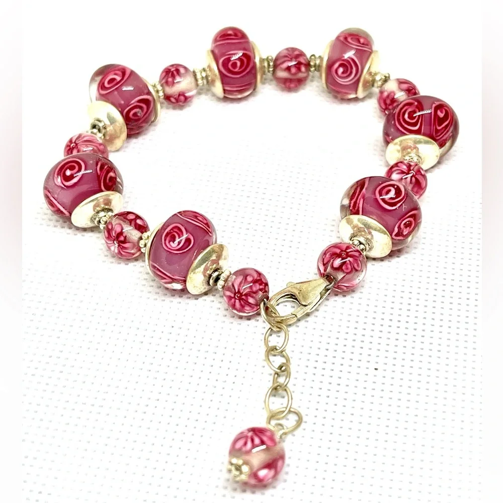 925 Pink Roses Bracelet Beautiful Eye Catching Bright Sterling Silver